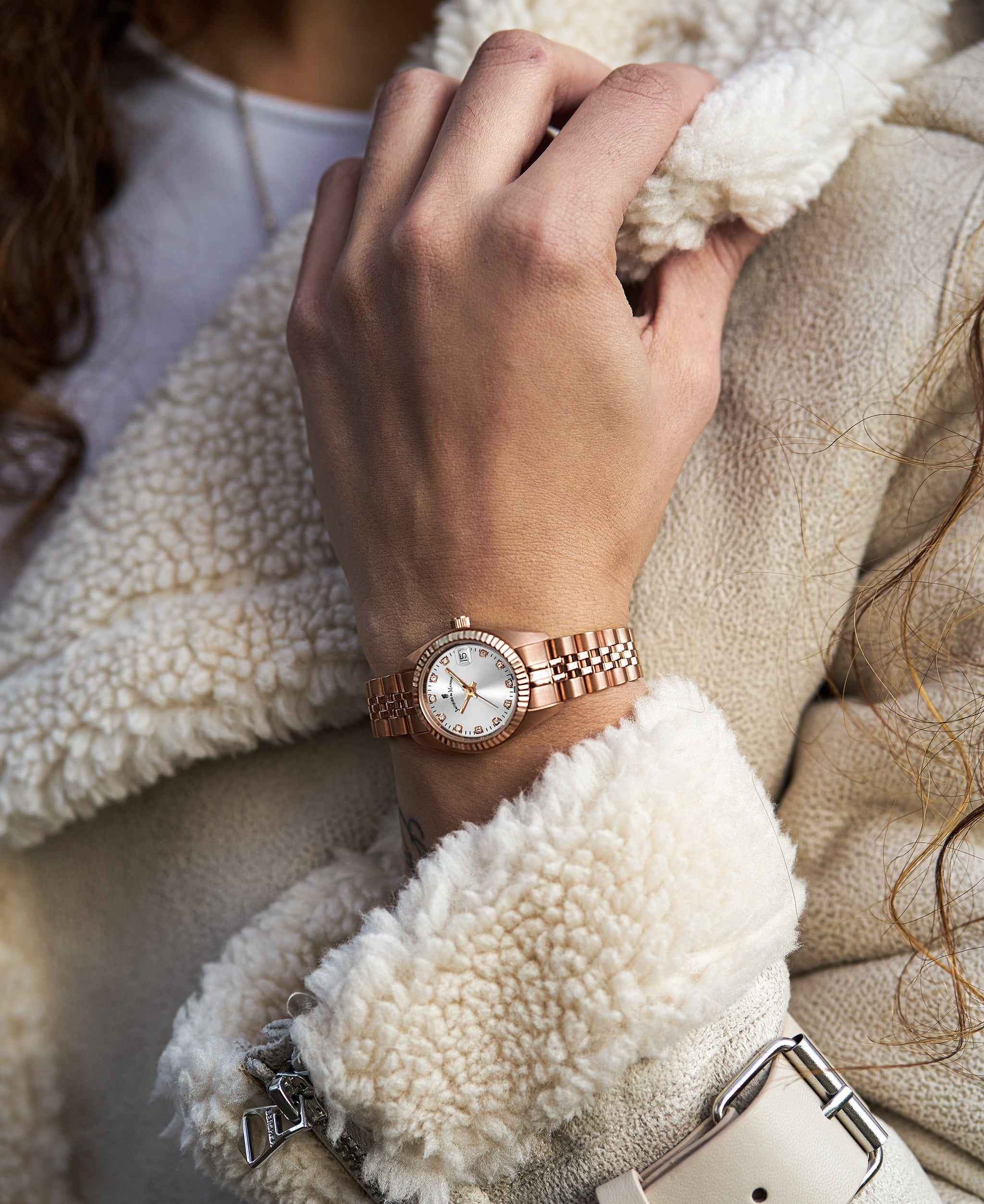 (Ø26mm) Swiss Made Inspiration Quarz Damen Armbanduhr Analog (Gelenkumfang 120-180mm) - Roségold / Weiss
