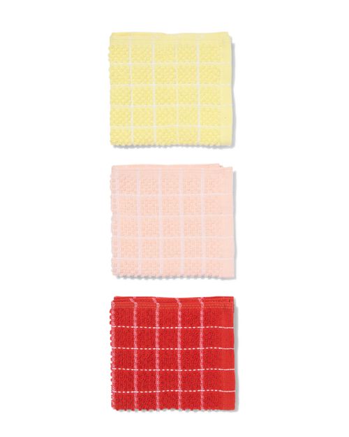 3 lavettes 30x30 coton rouge-rose-jaune