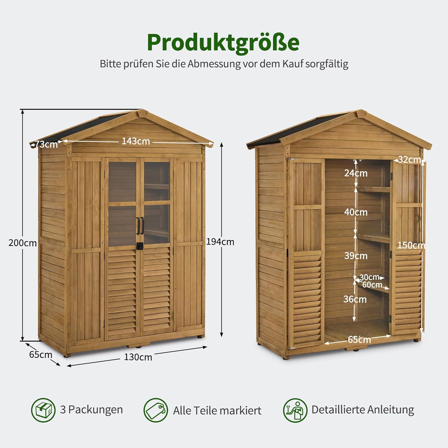 M MCombo Gartenschrank Gartenhaus Holz Wetterfest, Geräteschrank Holzschrank Outdoor Wasserdicht Begehbar, für Außenbereich Balkon Terrasse, Gerätehaus mit 6 Feste Regale 74×143×200 cm (Natur)