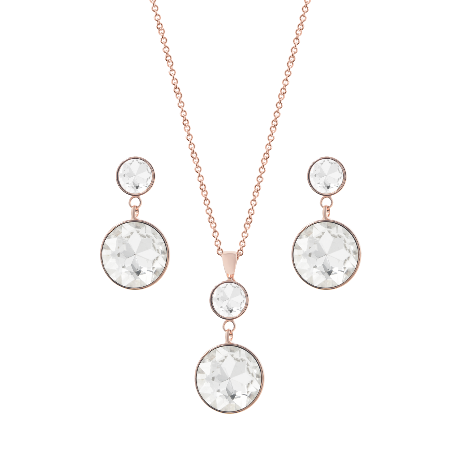 (3-tlg. Set) Damen Halskette / Ohrstecker mit Kristall Anhänger Rund - Roségold