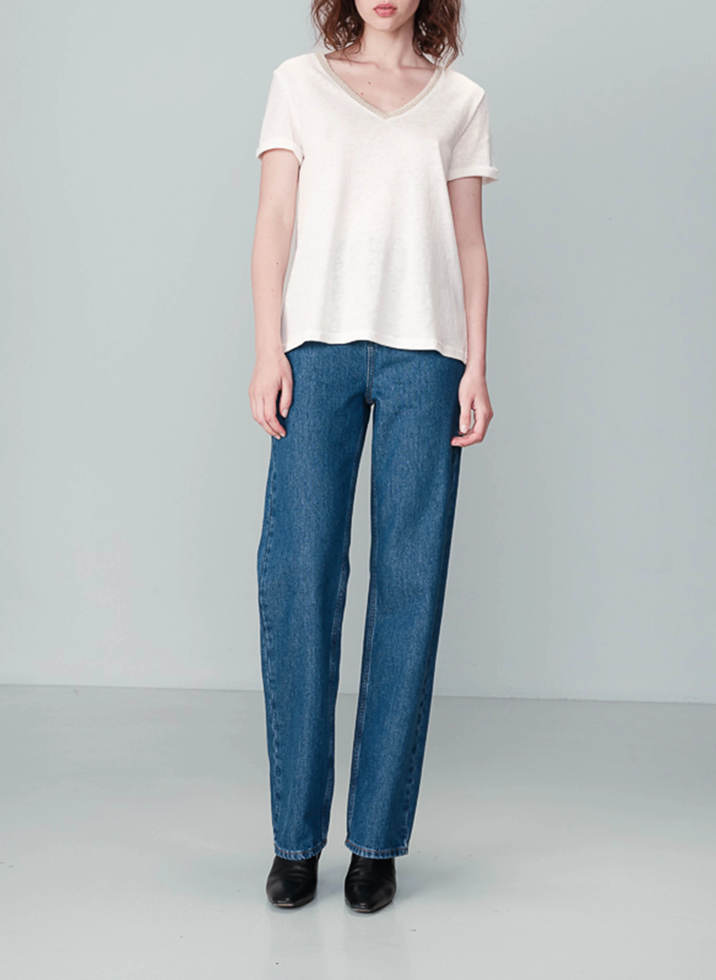 NOA - Tee-shirt col V droit en coton mélangé | Beige