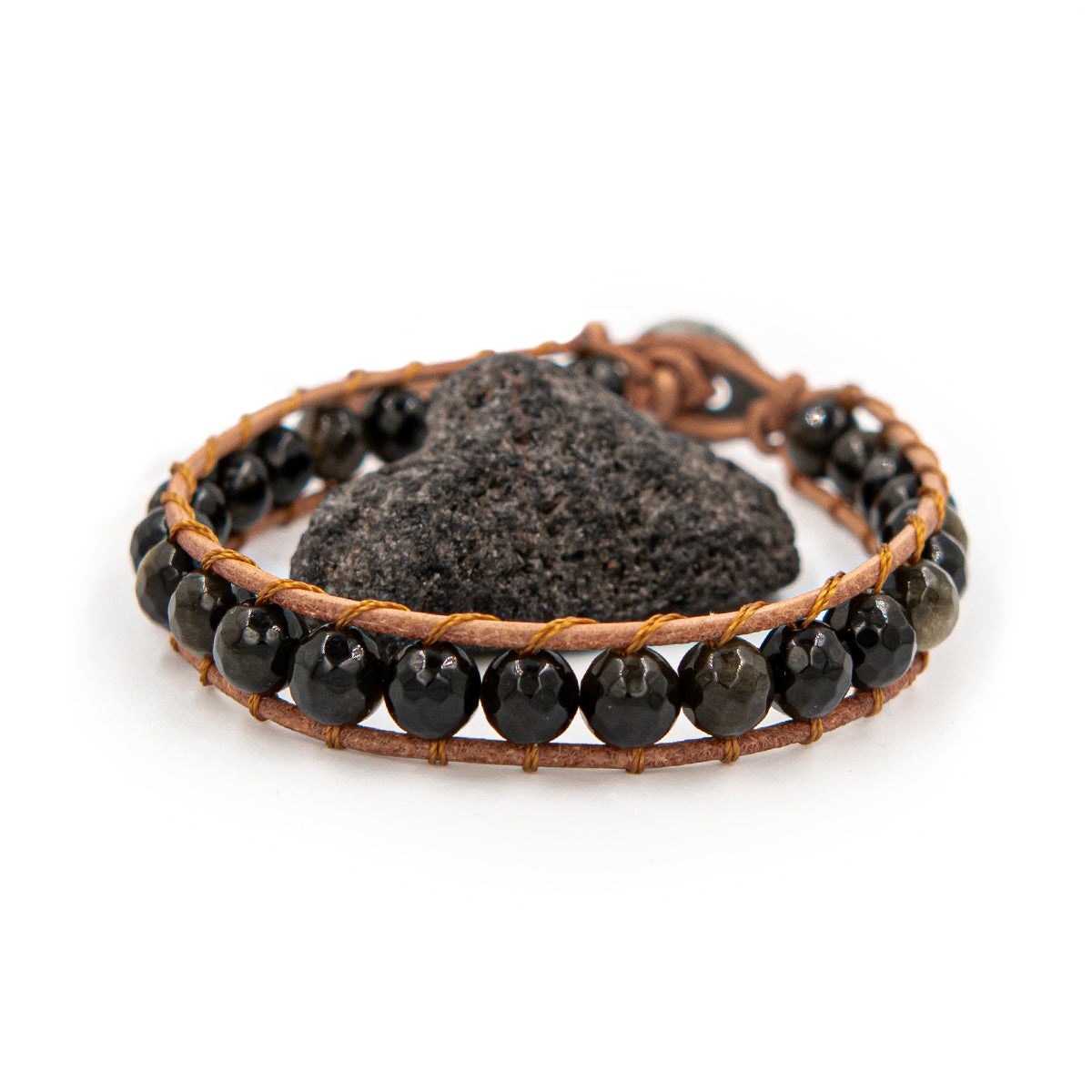 Bracelet Facelia en pierres naturelles Obsidienne et cuir véritable