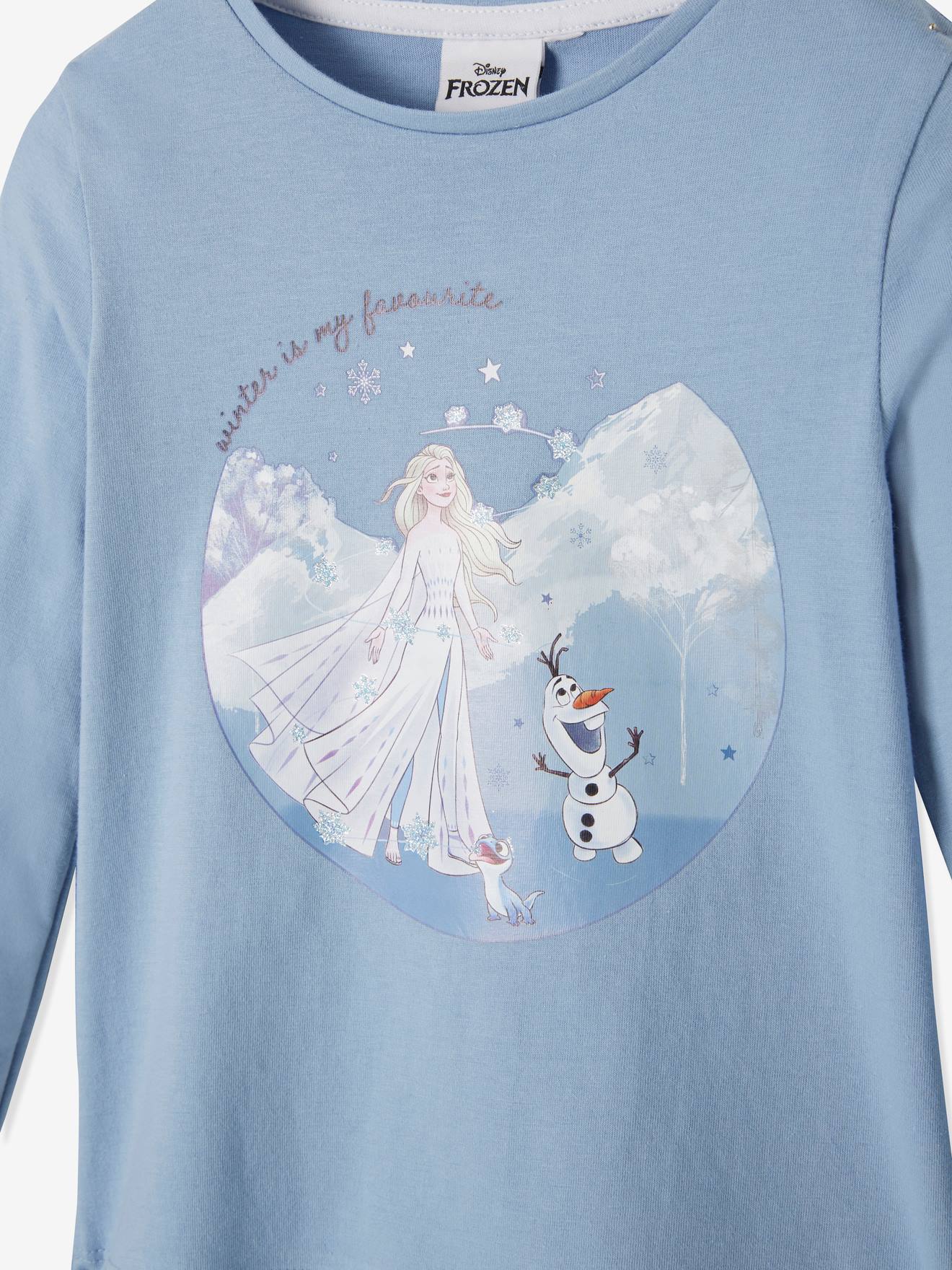 Camiseta de manga comprida DS® Frozen, azul médio liso com estampas.