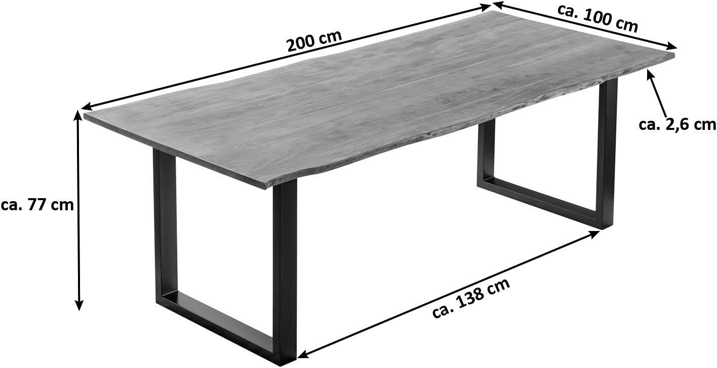 SAM Esszimmertisch 200x100 cm Laurina, Baumkantentisch aus Akazienholz, massiv + stonefarben, U-Metallgestell Schwarz, Esstisch mit echter Baumkante