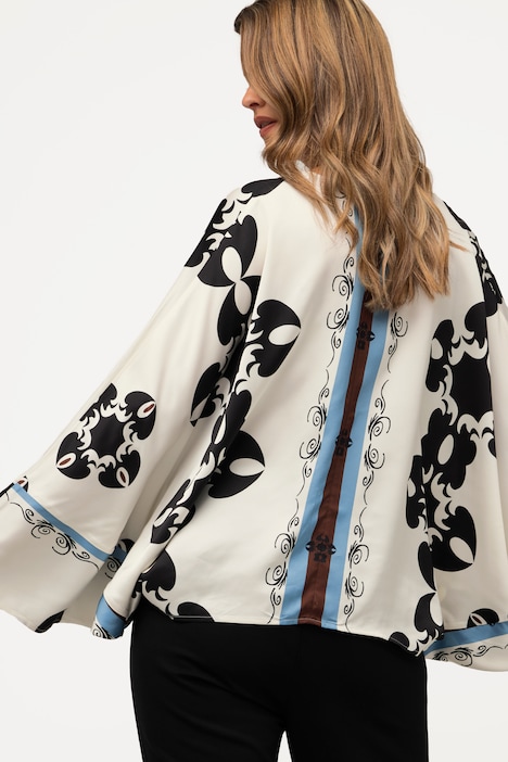 Cape-Satinbluse, grafischer Druck, V-Ausschnitt, 3/4-Arm