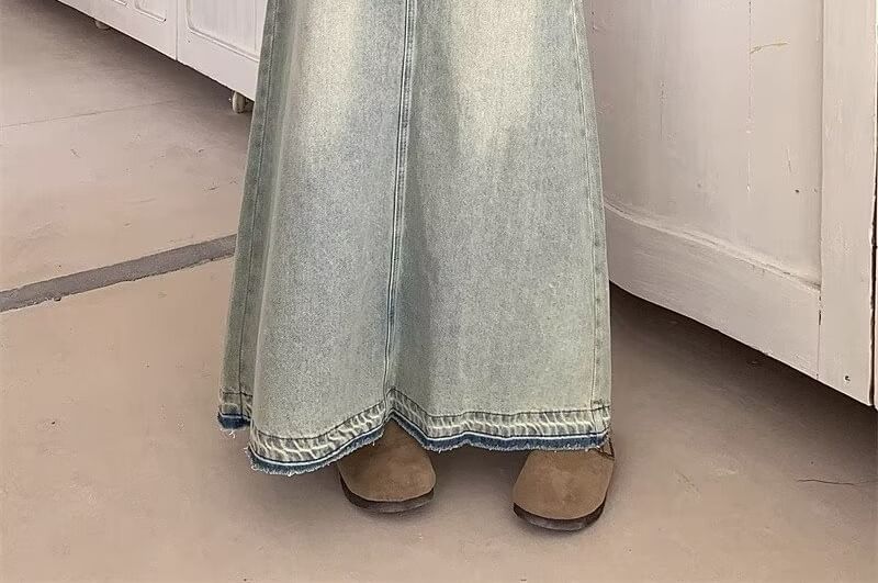 KONGER - Hoge taille gewassen gerafelde maxi A-lijn denim rok