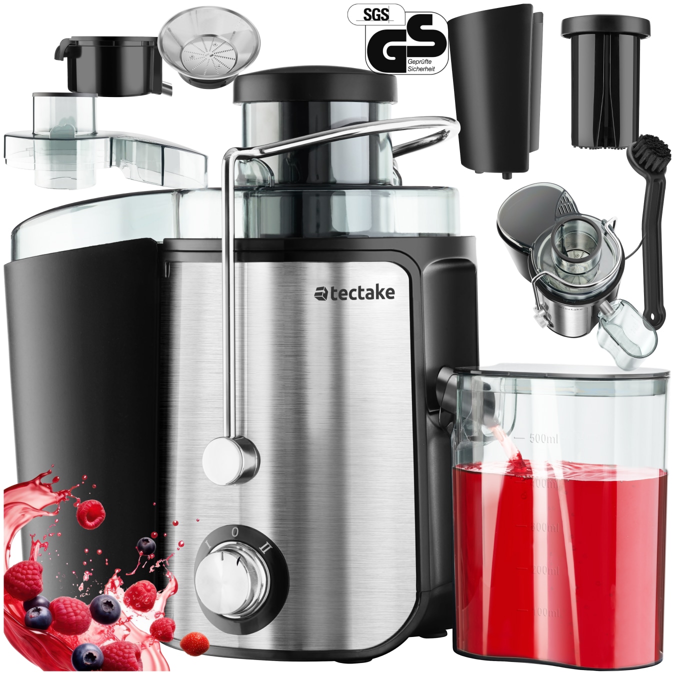 tectake® Entsafter, 600 W, 500 ml Fassungsvermögen, Edelstahlgehäuse, rutschfeste Gummifüße, 18 x 26 x 28,5, GS-Zertifikat