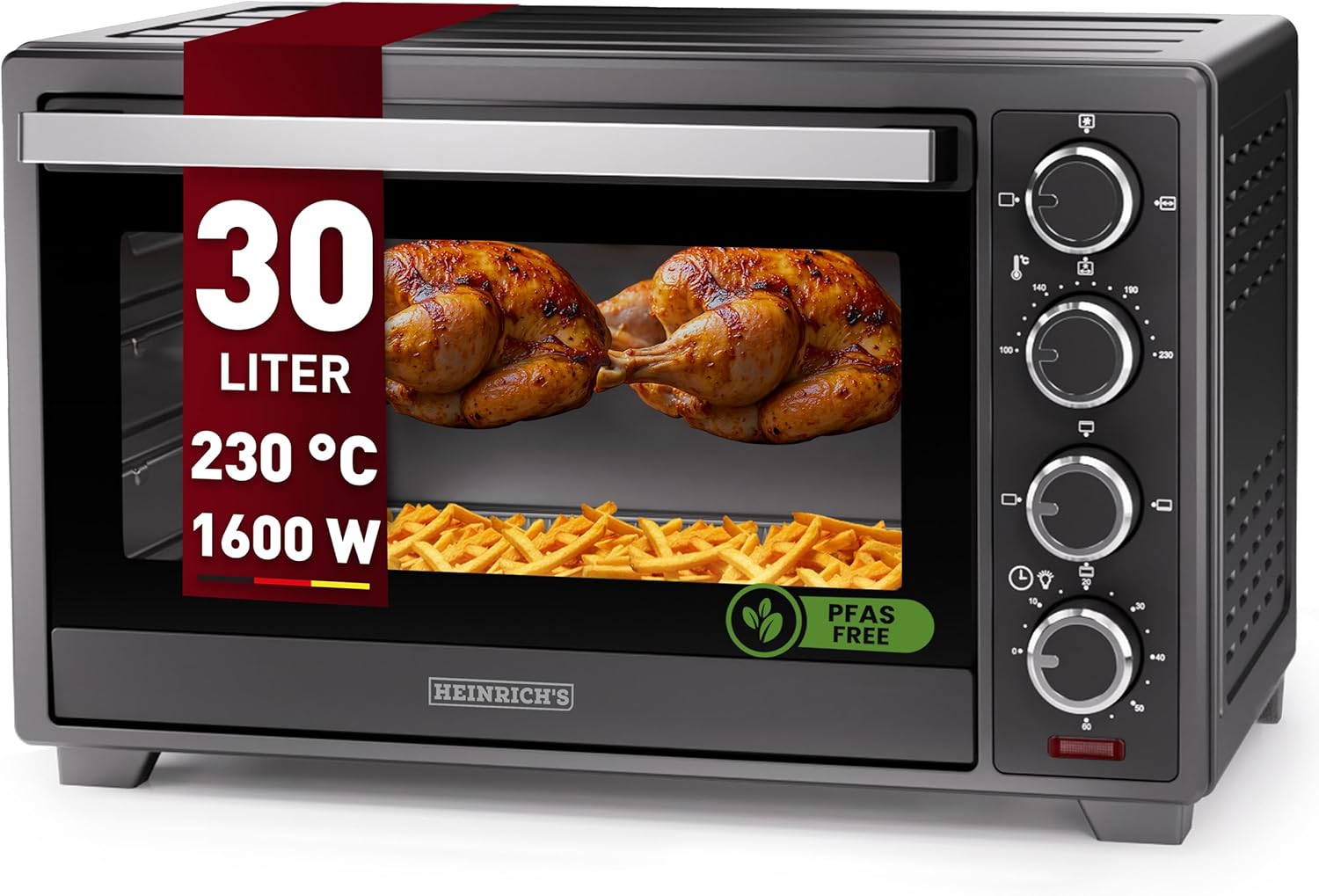 Heinrich´s Minibackofen mit Umluft 30L - Backofen klein mit Drehspieß, Airfryer-Einsatz inkl. Timer, Innenraumbeleuchtung, 100-230 °C, mit großem Sichtfenster, inkl. Zubehör, schwarz, 1600W