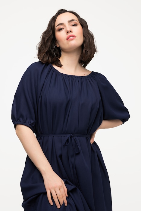 Midikleid, Bindegürtel, Rundhals, Ballon-Halbarm