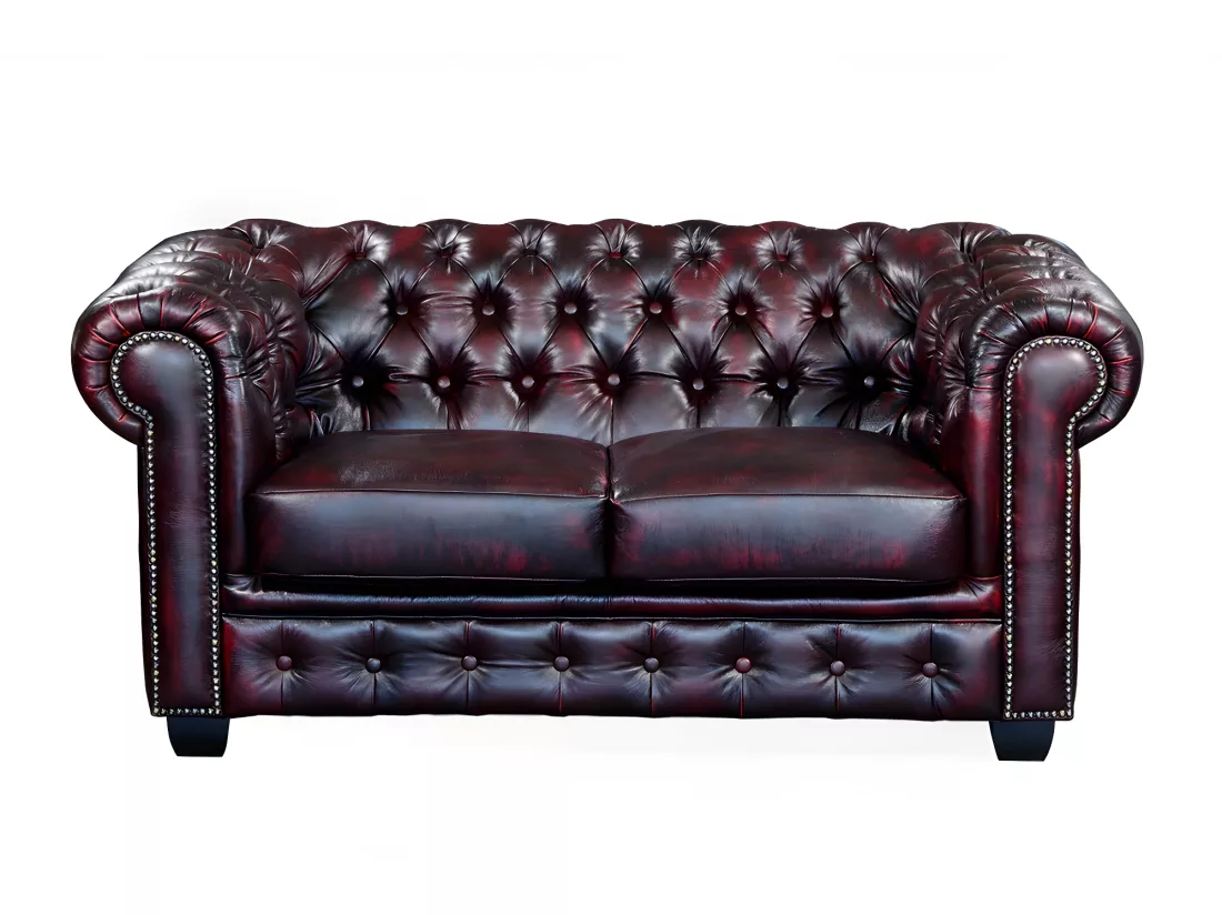 Canapé chesterfield 2 places BRENTON 100% cuir de buffle - Bordeaux