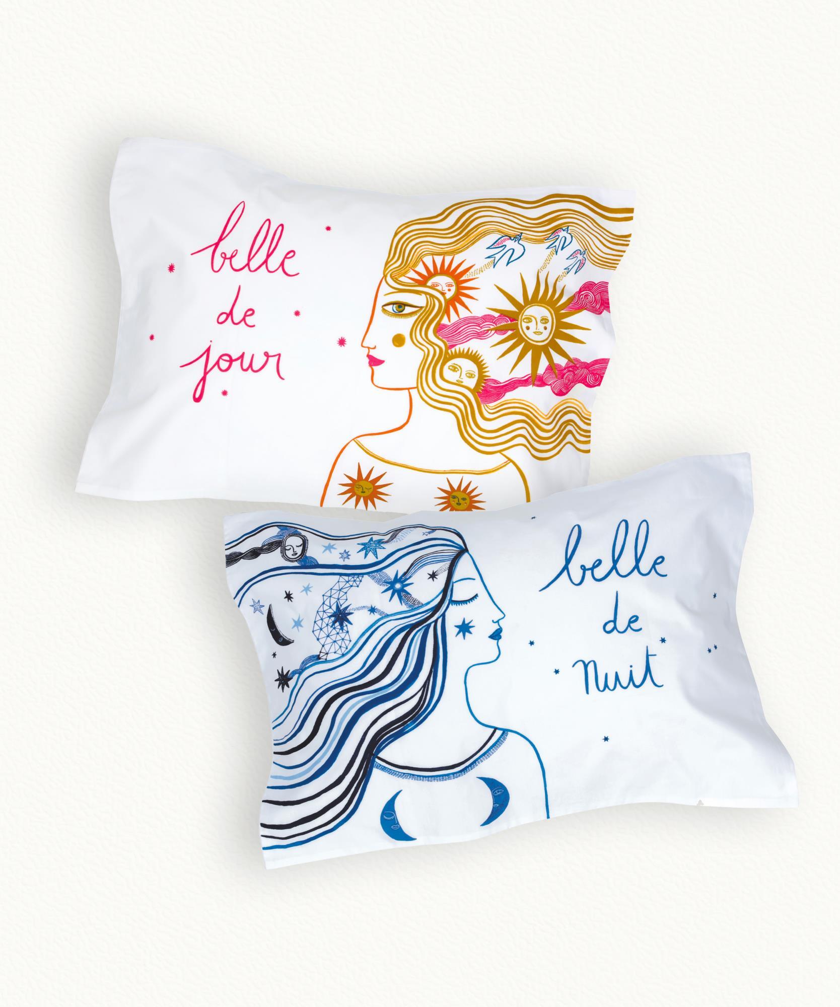 2 Taies d' oreiller Rectangle Belle De Jour Nuit  100% coton - 50 x 70 cm