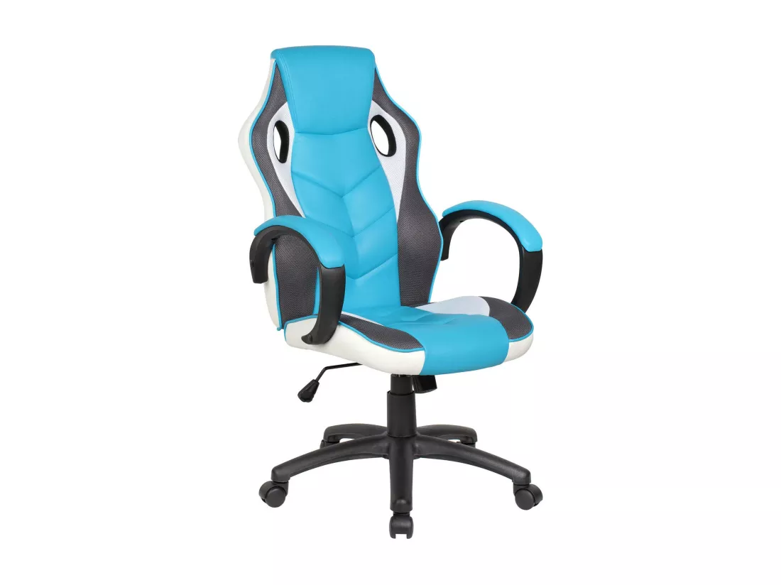 Chaise de jeu Caloundra, Fauteuil de jeu pour adultes, Chaise de bureau, 66x61h104/114 cm, Bleu ciel et Blanc