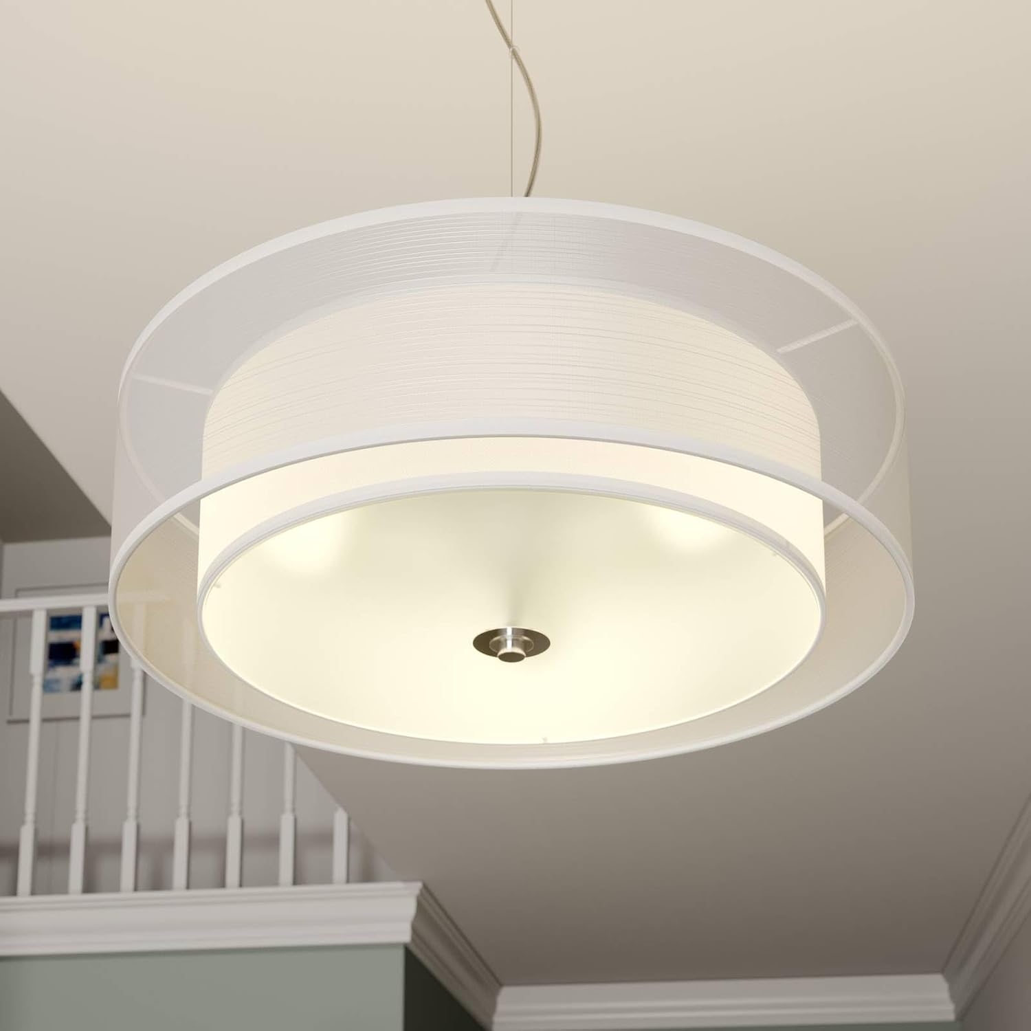 Lindby Pendelleuchte Textil 50 cm, Hängeleuchte Stoff 2 Textilschirme Hängelampe weiß 3x E27 ohne Leuchtmittel Wohnzimmerlampe Schlafzimmerleuchte
