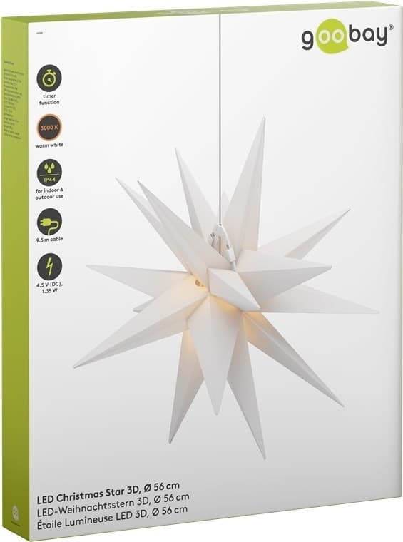 Goobay LED julestjerne 3D, Ø 56 cm, 4,5 V udendørs transformer med timer og 18 spidser, varm hvid (3000 K), af vejrbestandig plast (IP44), 9,5 m kabel