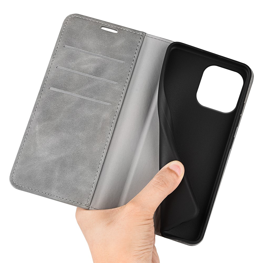 iPhone 16 Pro Vintage Leder Tasche Flip Cover Fashion Design - Grau
