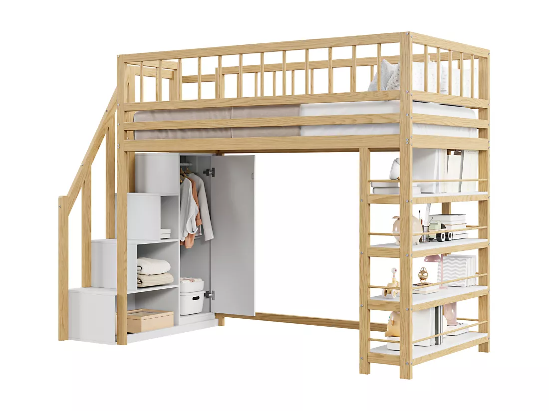 Lit mezzanine 90x200 cm - avec étagères et échelle de rangement - en bois massif - Naturel