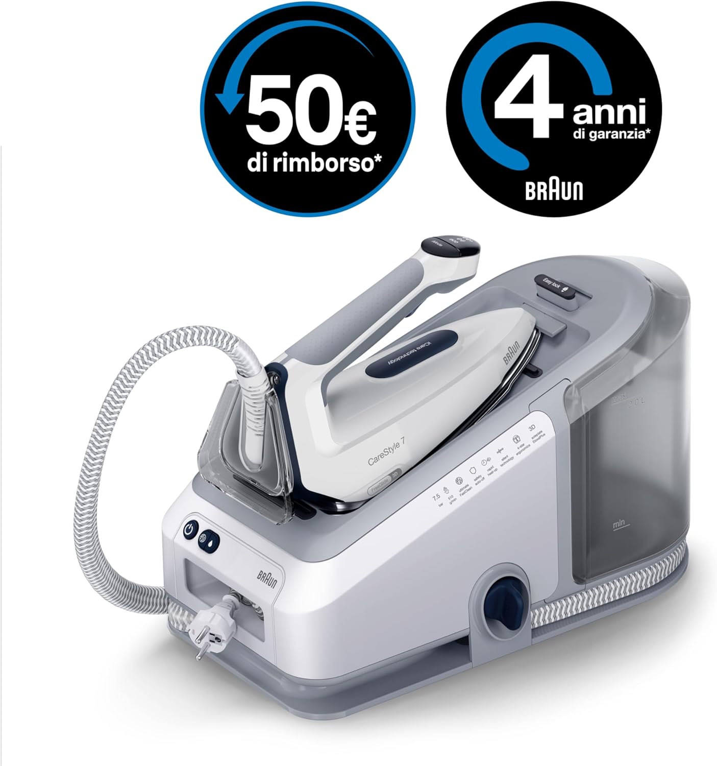 Braun CareStyle 7 IS7262GY, Bügelstation mit professionellem Dampfgenerator, FreeGlide 3D, iMode und iCare, vertikales Bügeln, Ultimate FastClean, herausnehmbarer Behälter 2 l, 2700 W, Violett