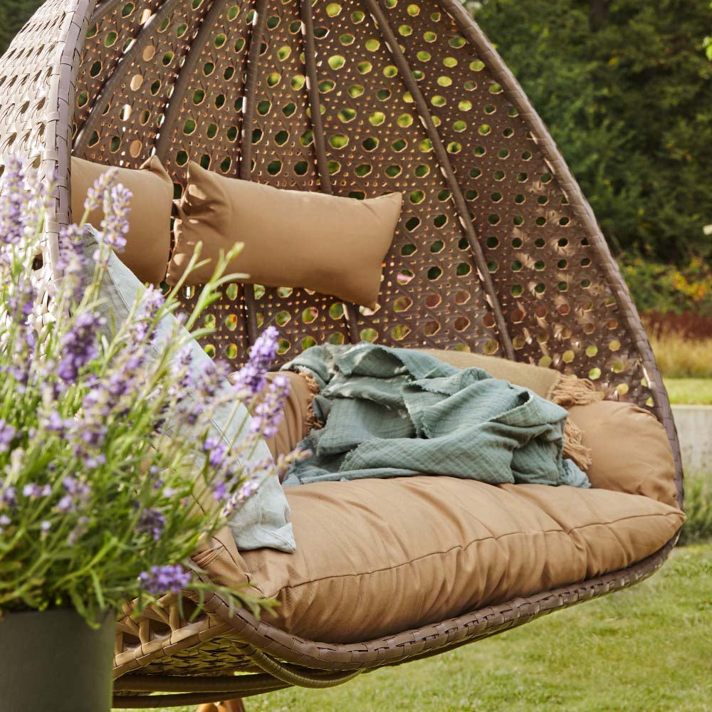 Home Deluxe - TWIN Hangstoel - Bruin, Hoogte 195 cm - incl. regenhoes, frame, zit- en rugkussens | Polyrattan hangstoel, tuinschommel, hangmand