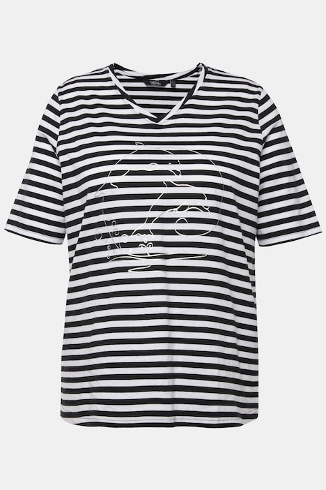 Shirt, Ringel, Metallic-Tier, V-Ausschnitt, Halbarm