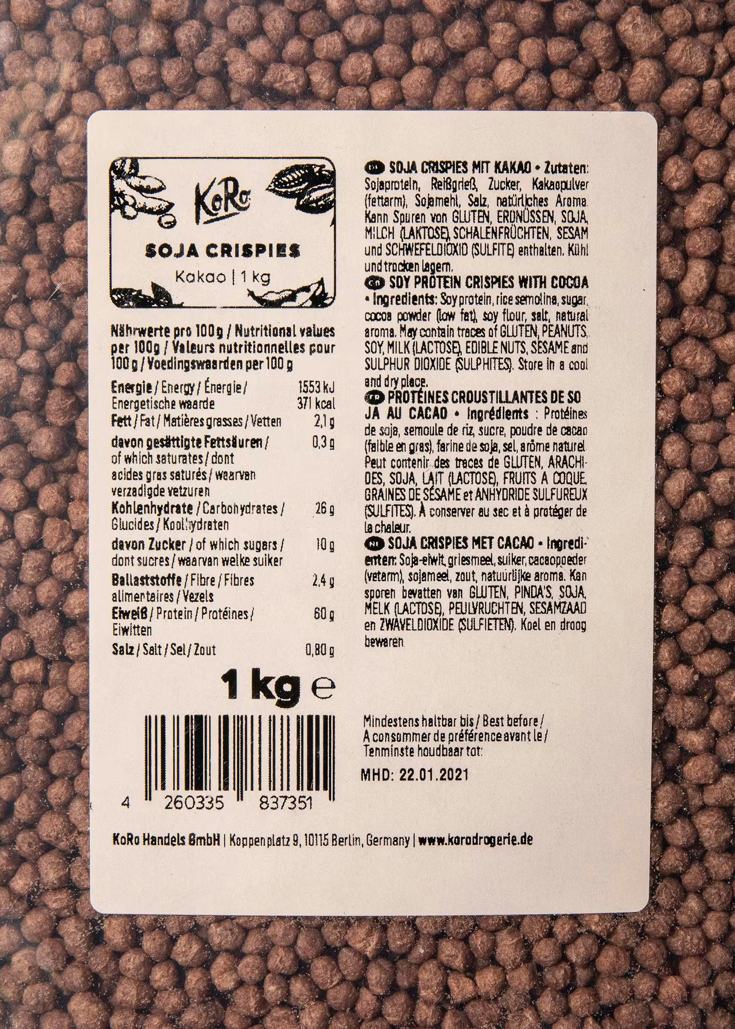 Soja Protein Crispies mit Kakao und 58 % Protein 1 kg
