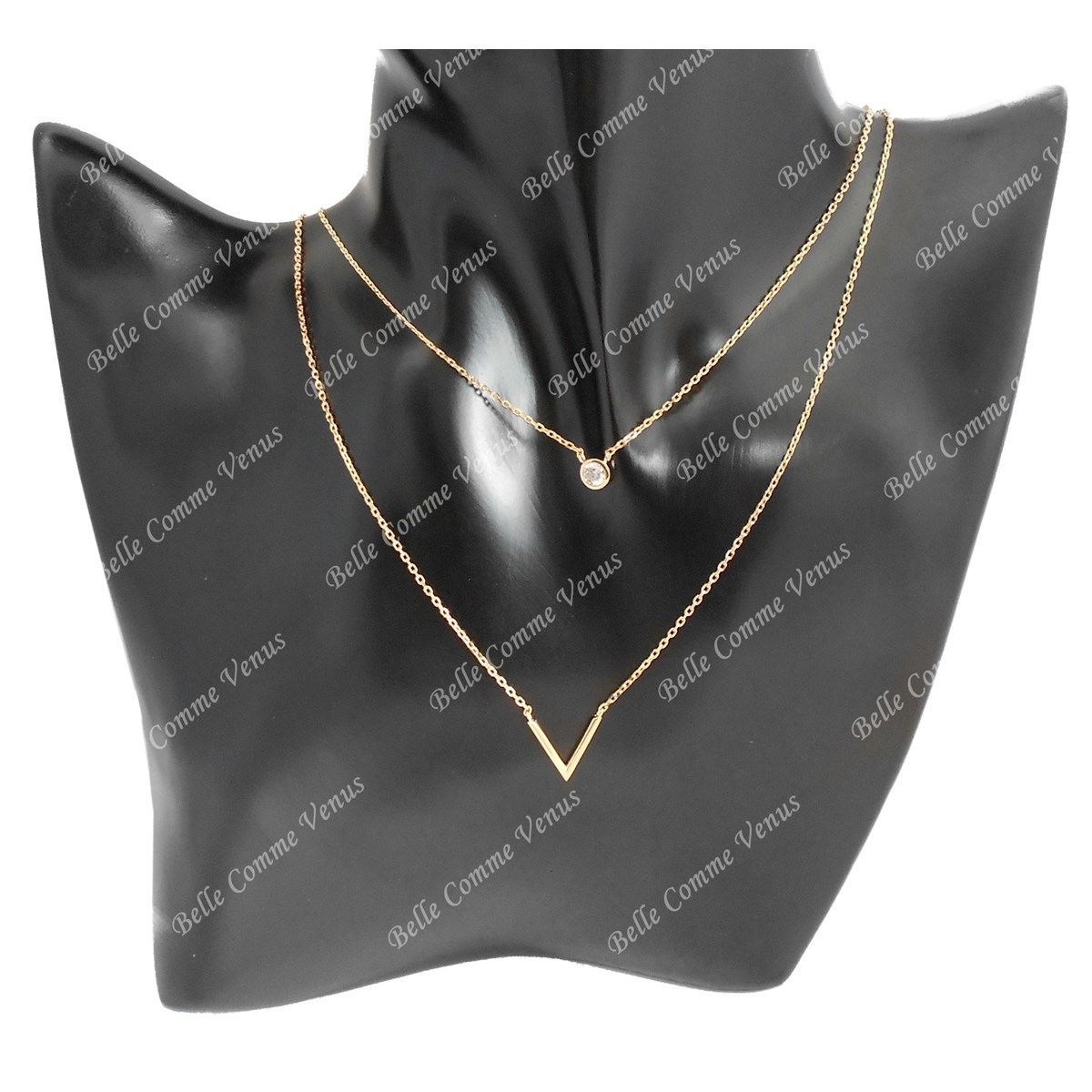 Collier 2 rangs forme V et oxyde de zirconium rond Plaqué OR 750 3 microns