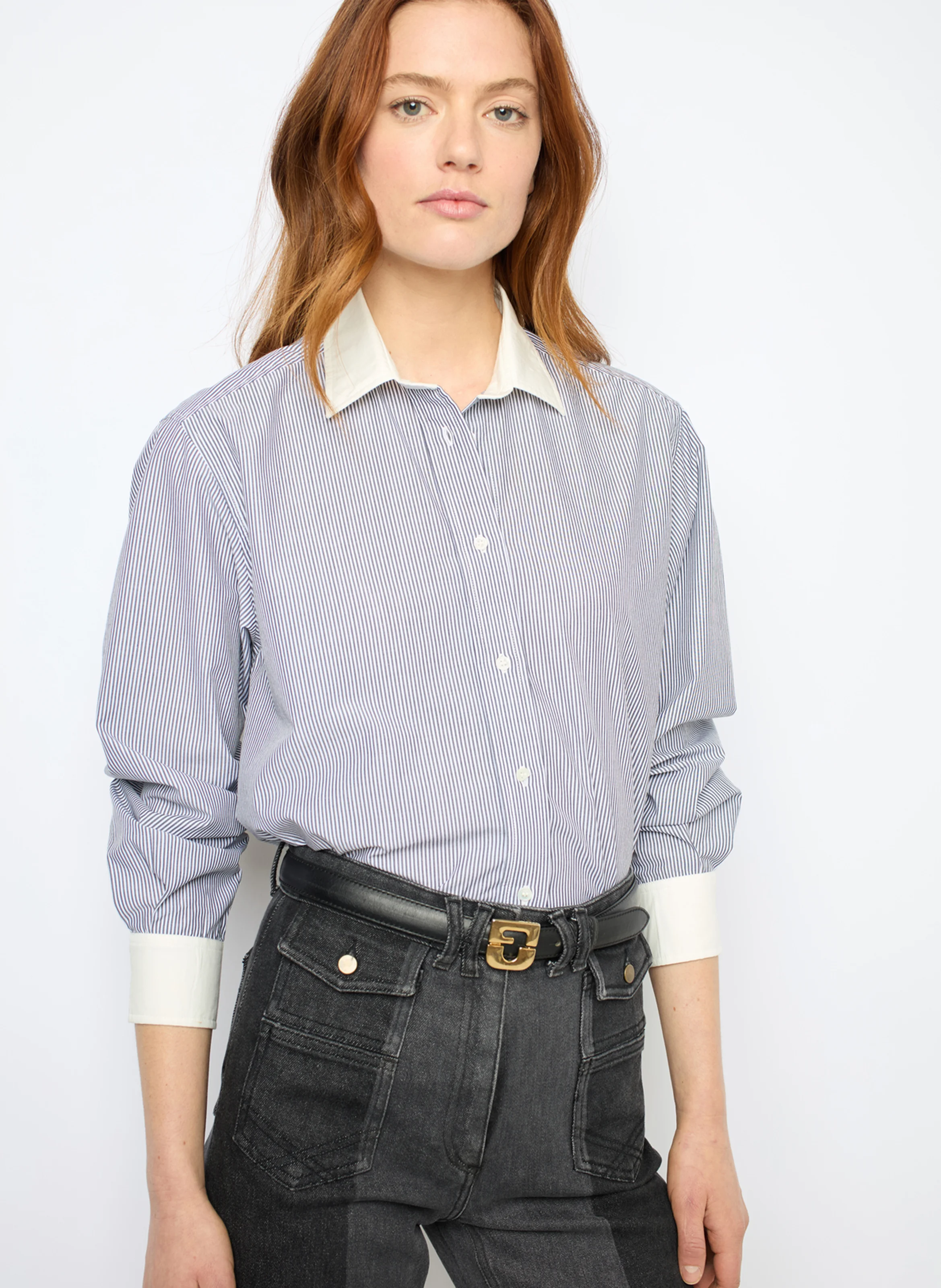 CLYDE - Chemise col classique rayée en coton | Gris