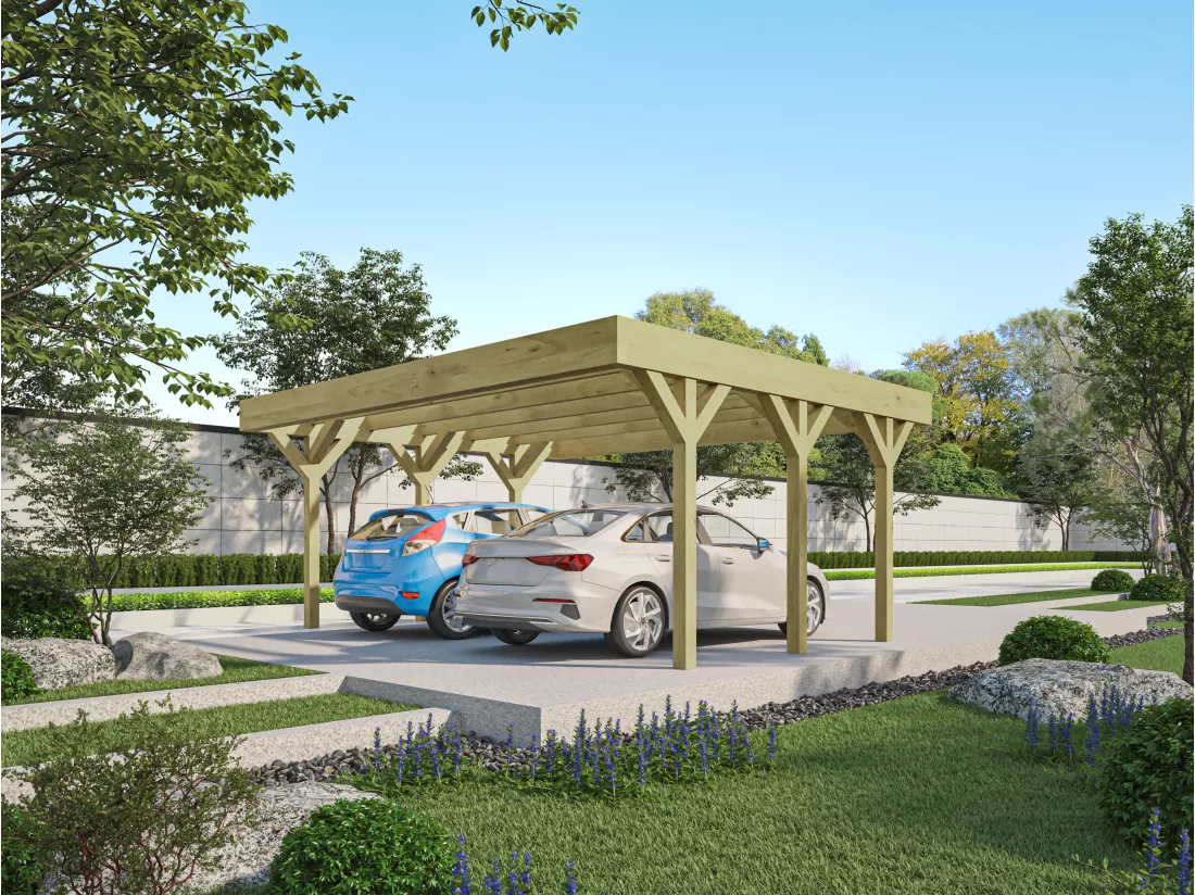 Carport pergola double autoporté en bois traité - 2 voitures - 30 m² - ARIANE