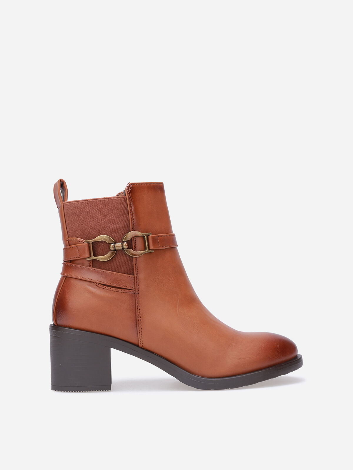 Bottines à talon avec boucle métallique- Camel
