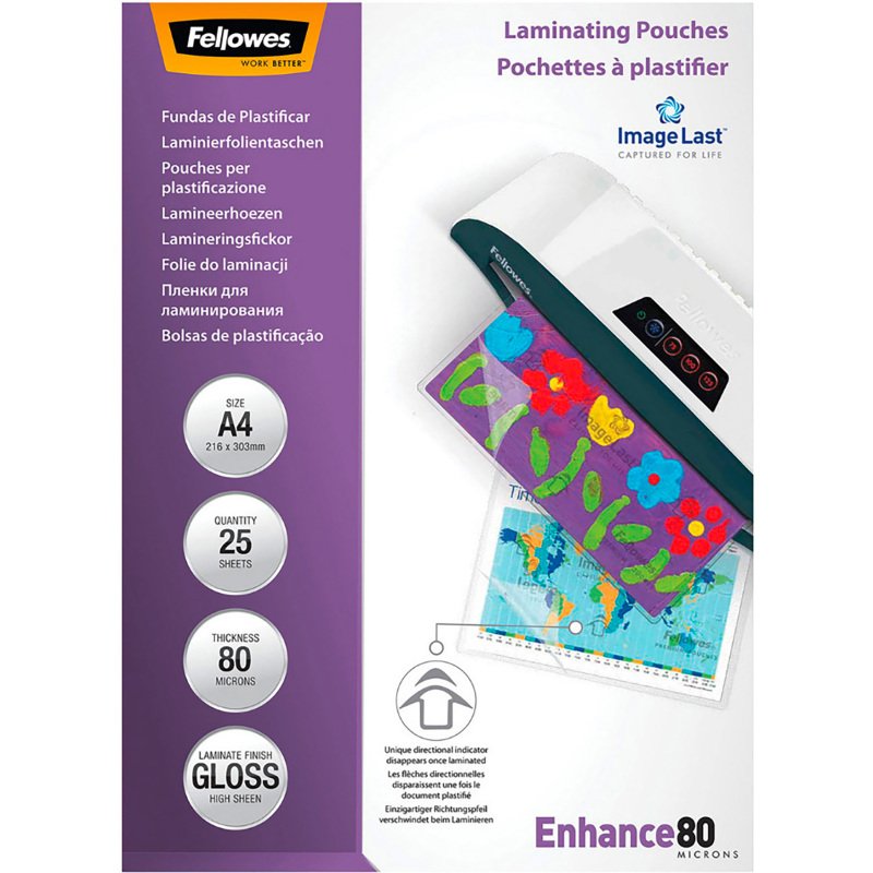 Pochettes de plastification Fellowes A4 2 x 80 µ brillantes - Boite de 25