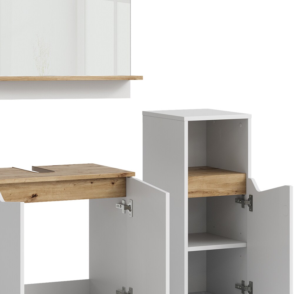 Vicco Badmöbel-Set Marelle Weiß Artisan moderne Serie Badezimmer dekorative Front Waschtischunterschrank Badspiegel Midischrank