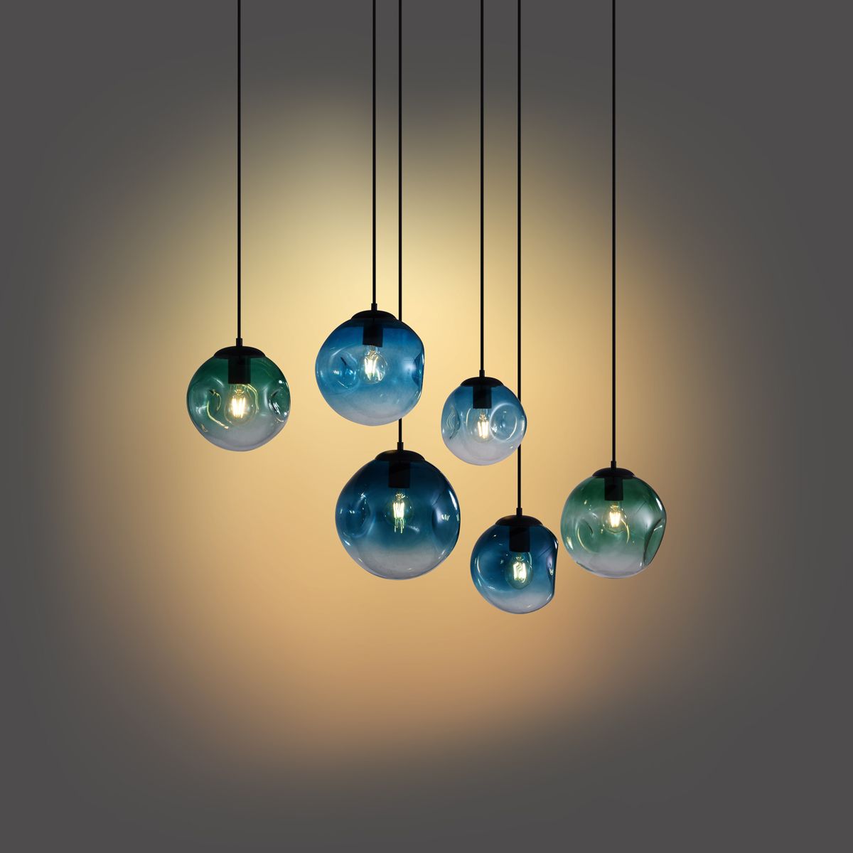 Art deco hanglamp zwart met ovale plafondplaat en groen en blauw glas 6-lichts - Douglass