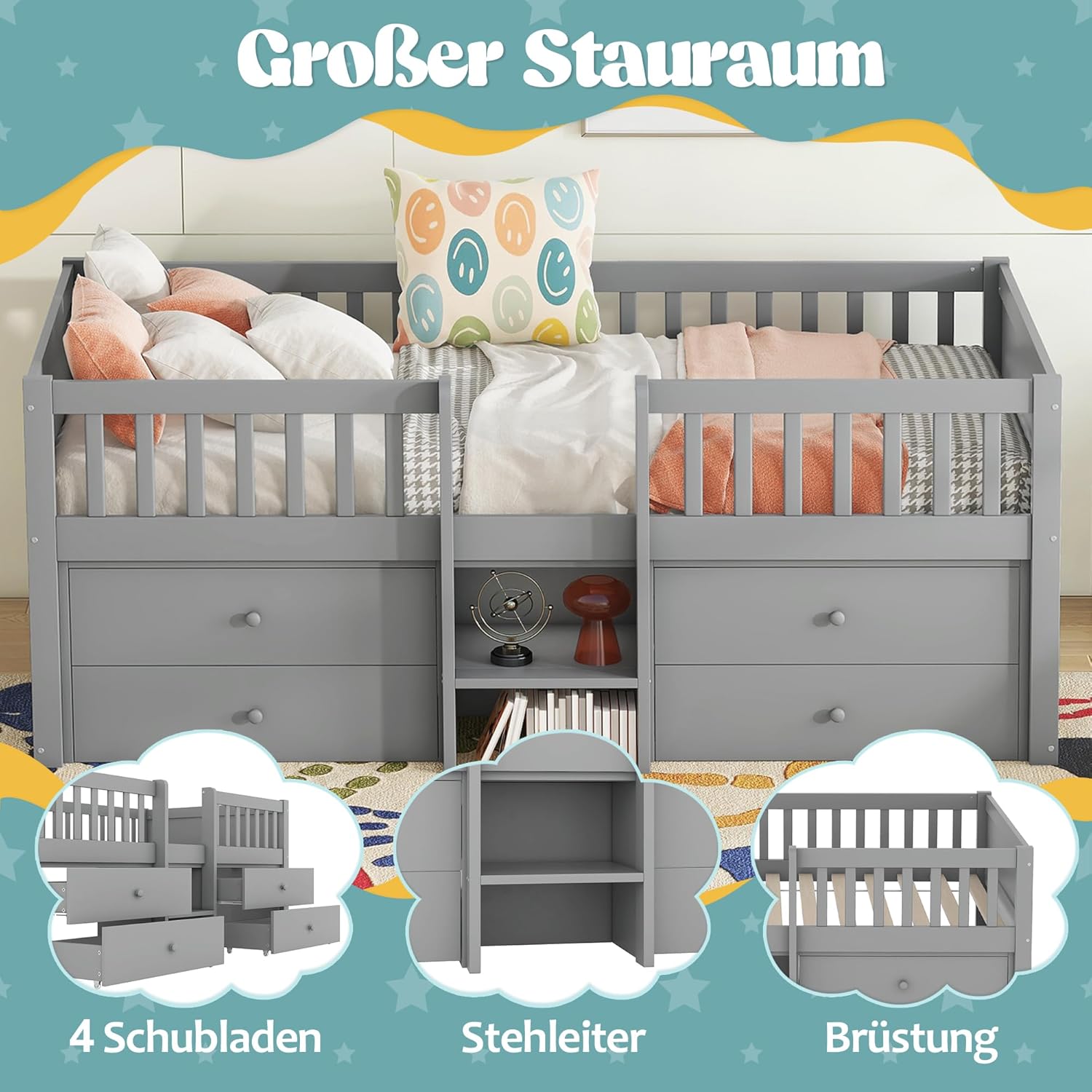 Merax Kinderbett 90x200 cm, Funktionsbett mit Stauraum, Holzbett mit Lattenrost & 4 Schubladen, Jugendbett mit Leiter und Rausfallschutz - Kiefer massivholz, ohne Matratze, Grau
