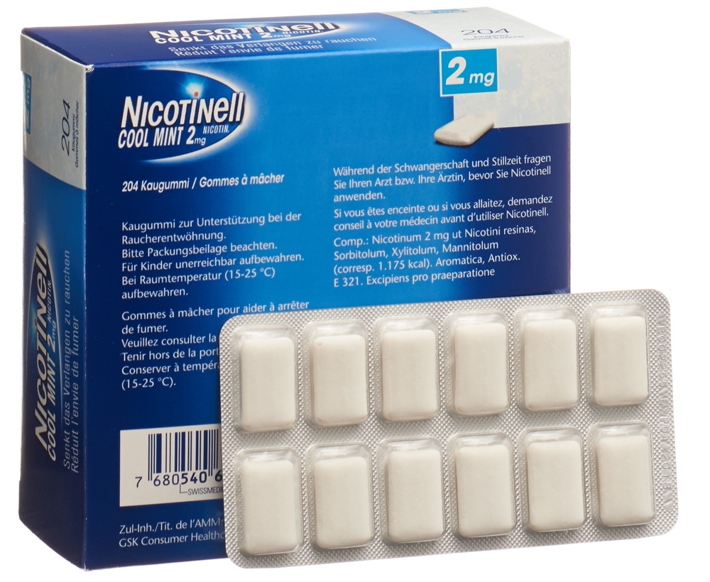 NICOTINELL Gum 2 mg<br>204 Stück, Blister, Wirkstoffhaltiger Kaugummi, cool mint