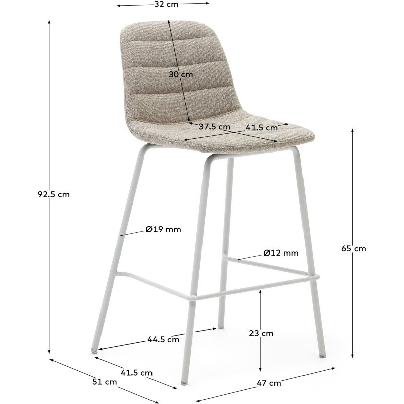 Tabouret  Zunilda en chenille beige et acier avec finition blanc mat hauteur 65 cm