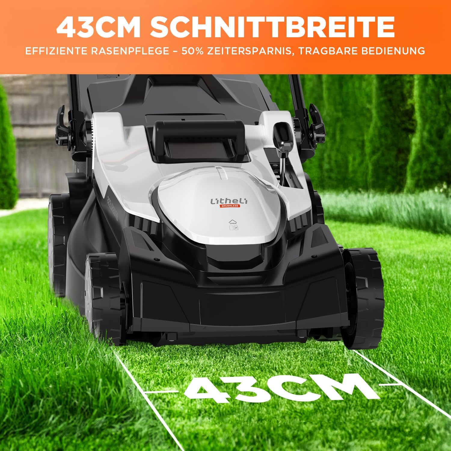 U20 Litheli Akku Rasenmäher, 2 x 20V, 43cm Schnittbreite, Brushless, bis 500 m², 40L Fangkorb, 25-75 mm Schnitthöhe, inkl. 2 x 4,0 Ah Akkus
