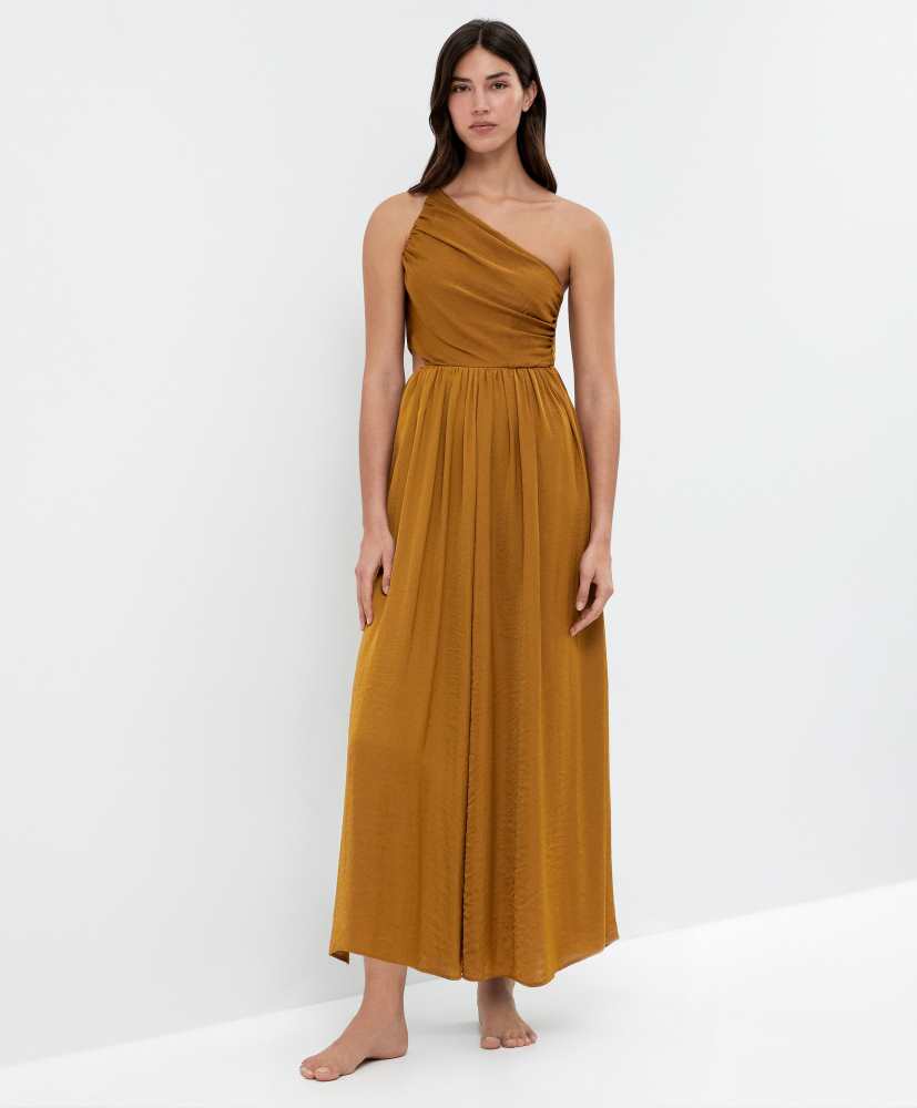 Vestido longo assimétrico de cetim