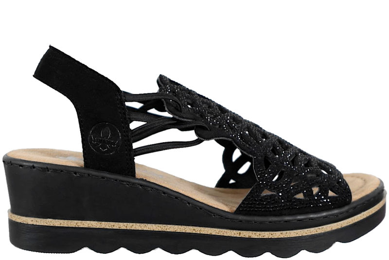 RIEKER SANDAL I SORT TEKSTIL MED NITTER