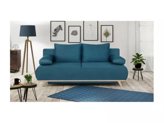 Canapé convertible 3 places avec coffre de rangement en tissu bleu canard - Laria