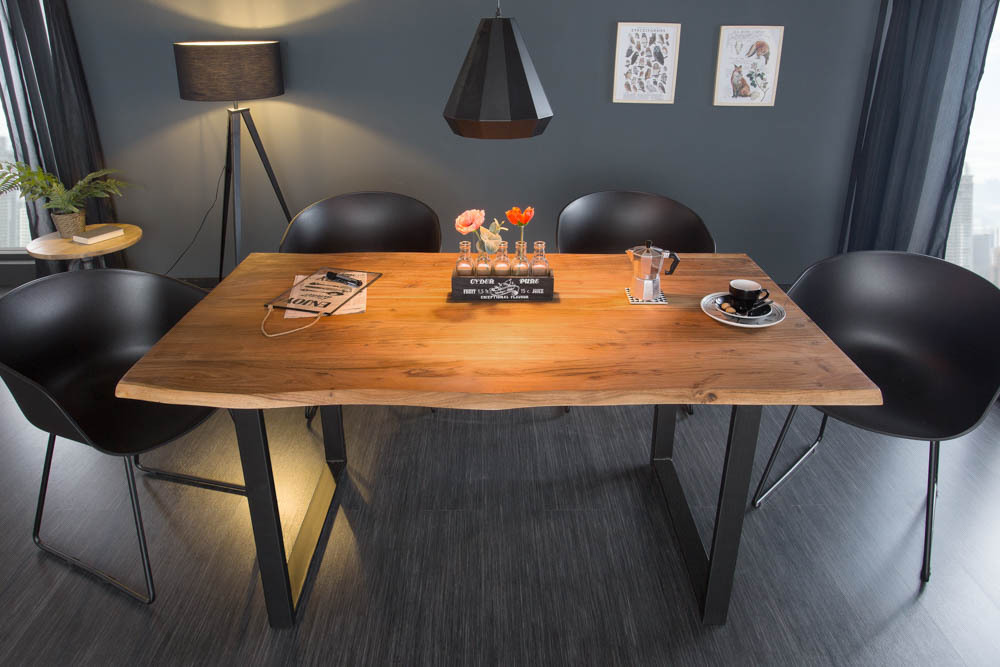 Massivholz Esstisch MAMMUT 160cm Wild-Akazie Industrial Design 2,6cm Tischplatte Baumkante