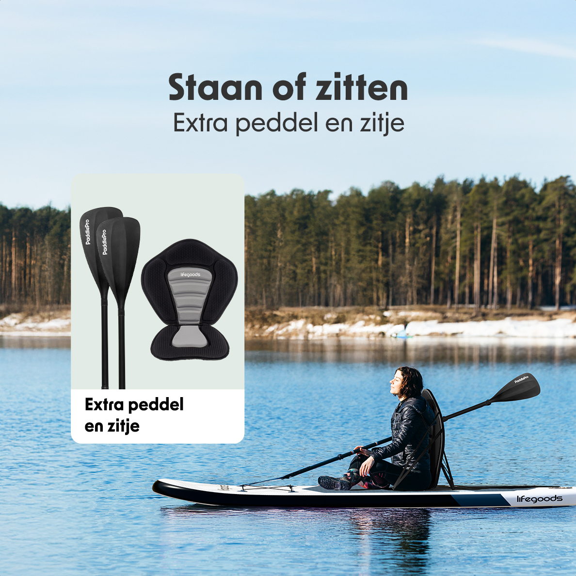 LifeGoods Allround Compact SUP Board met zitje - Black/White