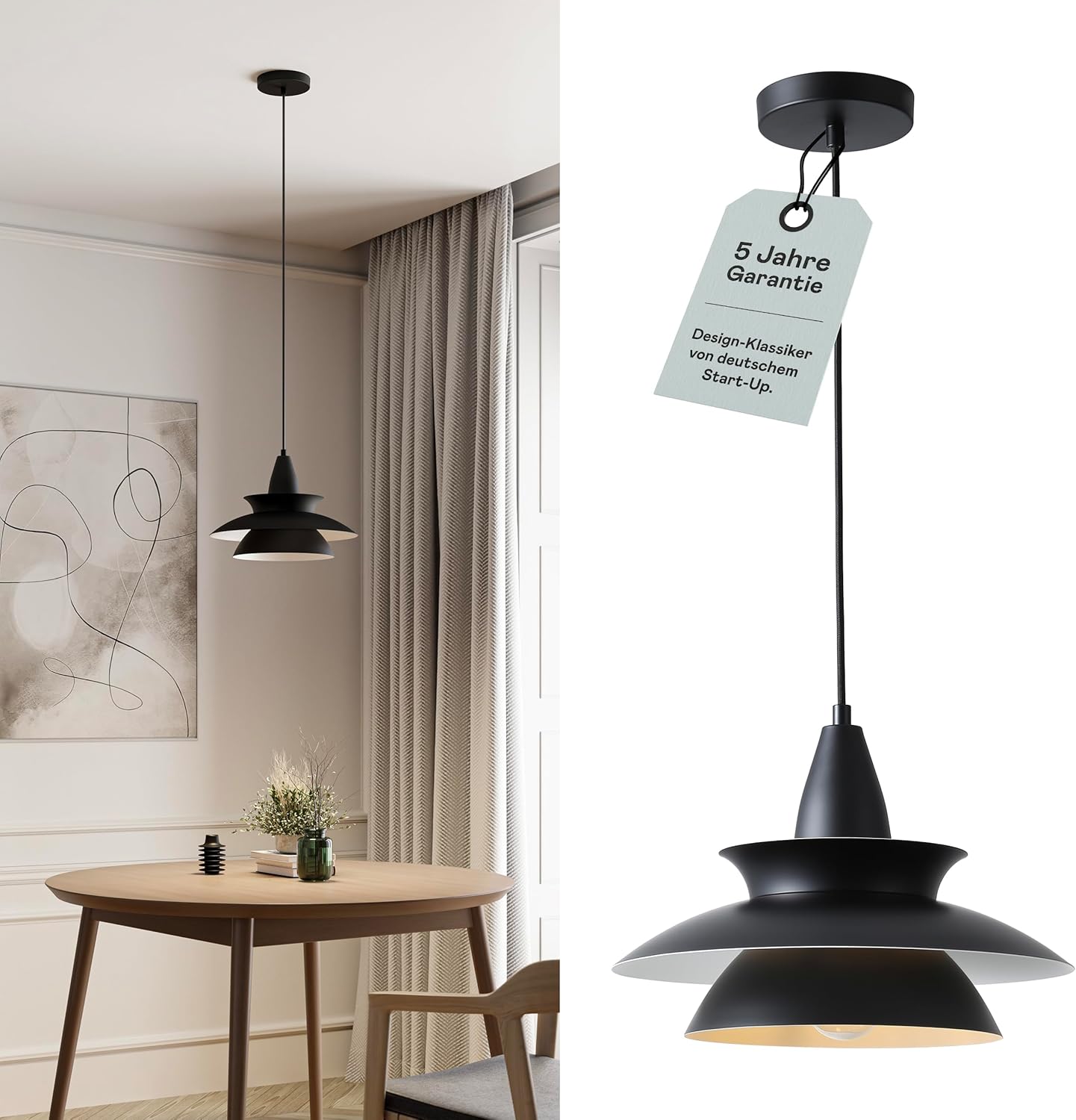 Pendelleuchte schwarz Retro Design - Vintage Aluminium Pendellampe - Alu Hängeleuchte höhenverstellbar - E27 Nordic Lampenschirm - Designer Leuchte Leto – leichte & hochwertige Esszimmer Beleuchtung