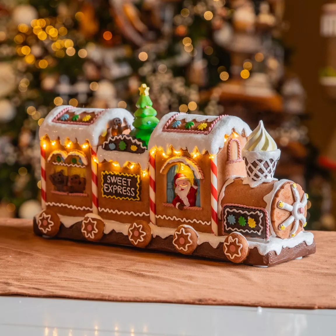 Train de Noël lumineux et musical à piles (34 cm) Pain d'épices Multicolore