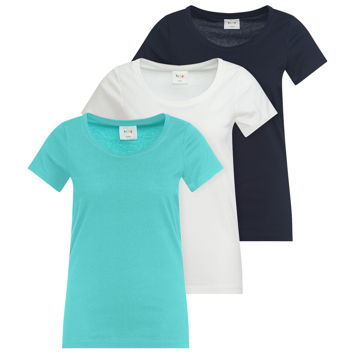 Famy 3 Damen T-Shirts im Basic-Look türkis / dunkelblau / weiss