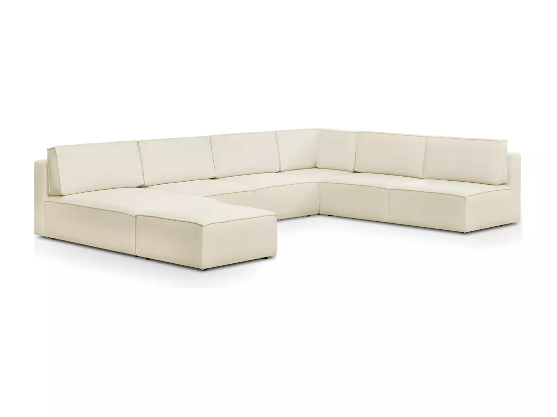 Canapé d'angle à droite panoramique modulable convertible 10 places avec pouf en tissu bouclé écru - Harper Mod