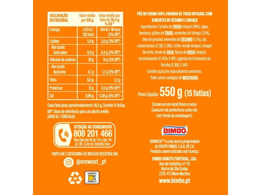 PÃO OROWEAT BIMBO SEMENTES DE SÉSAMO LINHAÇA 550G