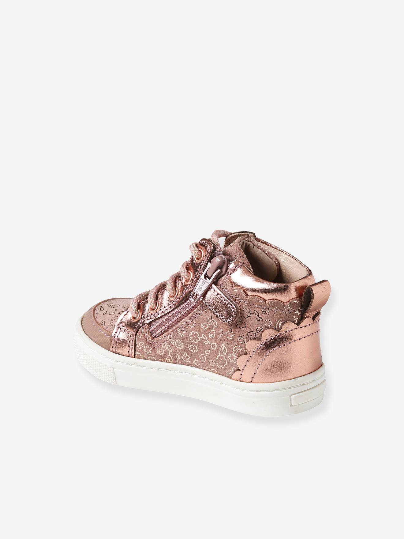 Tênis de cano alto rosa com estampa, cadarço e zíper para bebê
