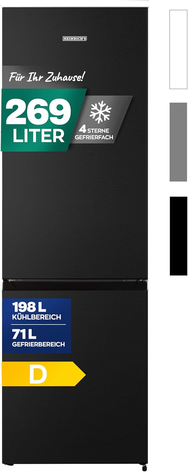 Heinrich´s Kühlgefrierkombination 269 Liter, Kühlvolumen 198L, Gefrierfach 71L,LED Beleuchtung,Kühlschrank Türanschlag wechselbar, leise 39dB,große Tiefkühlboxen, 7 Temperaturstufen, (schwarz-inox)