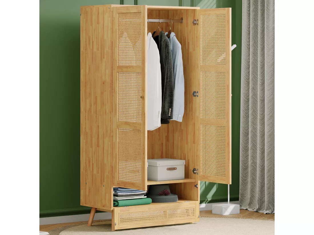 Armoire avec tringle - 2 portes grillagées en rotin et 1 compartiment abattant - Naturel