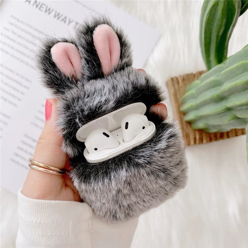 AirPods (1. & 2. Generation) 3D Gummi Plüsch Case Hülle Bunny mit Flauschigen Hasenohren - Grau