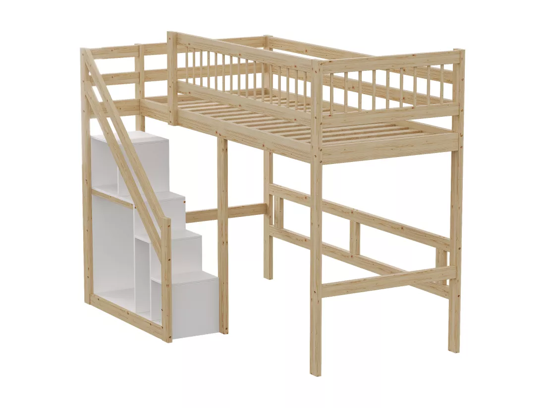 Lit mezzanine 90 x 200 cm avec placard de rangement - Bois massif + MDF - Naturel et blanc (sans matelas)